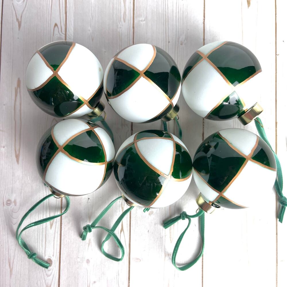 Set of 6 Glass Ball Ornaments Green White Gold Hand Painted Velvety Ribbon 2.25"